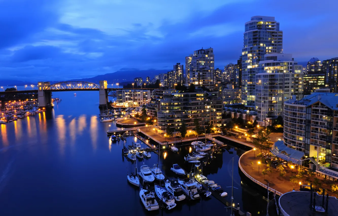 Photo wallpaper sea, night, life, the city, lights, the ocean, boat, view
