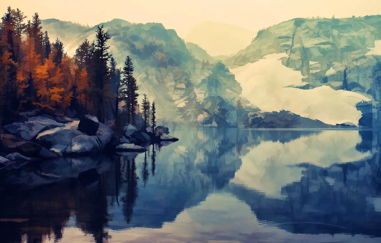 Photo wallpaper autumn, water, snow, trees, river, serenity, Mountains