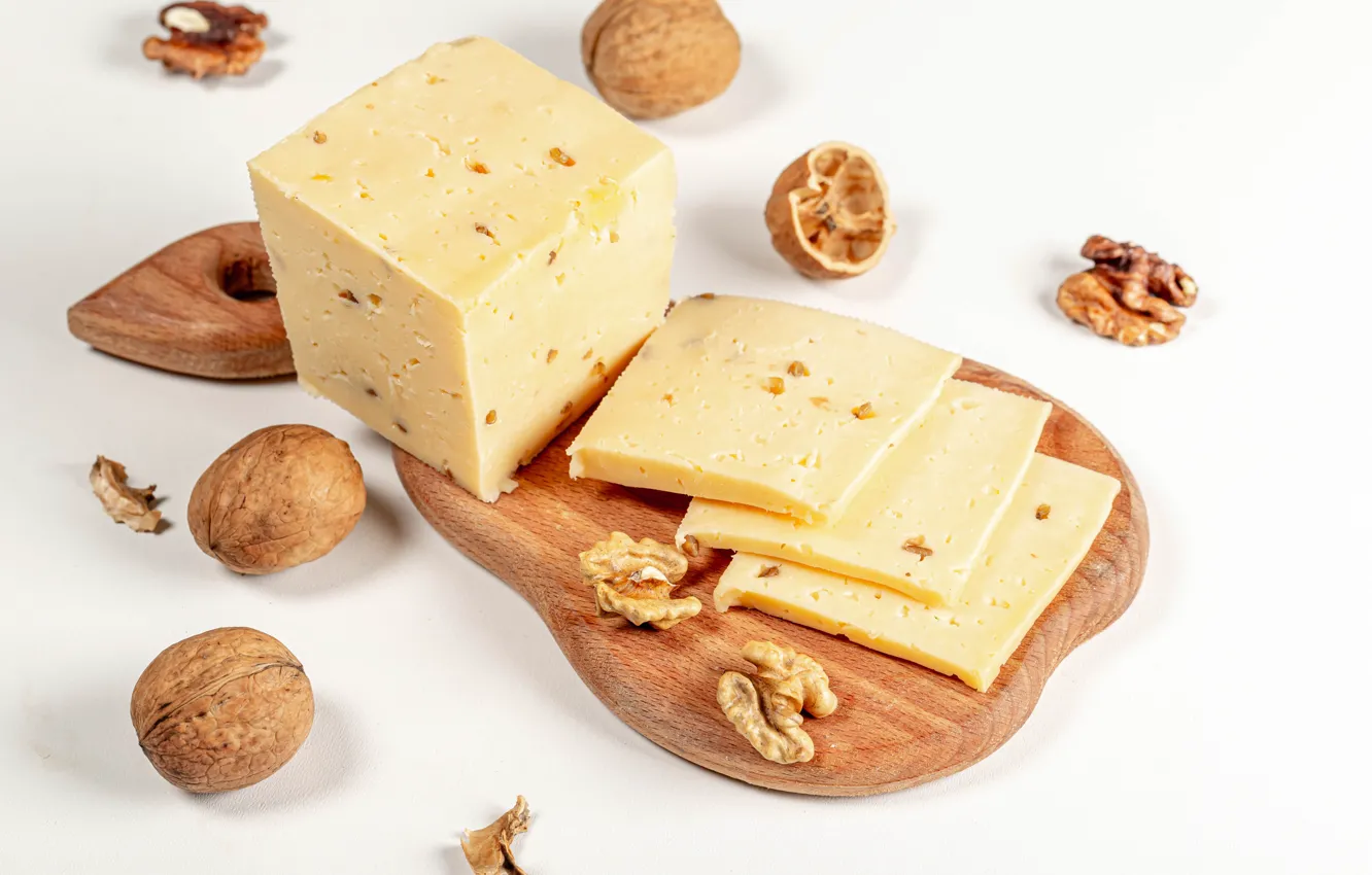 Photo wallpaper cheese, white background, walnuts