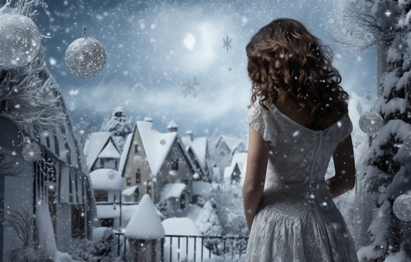 Photo wallpaper winter, frost, girl, snow, pose, balls, village, house