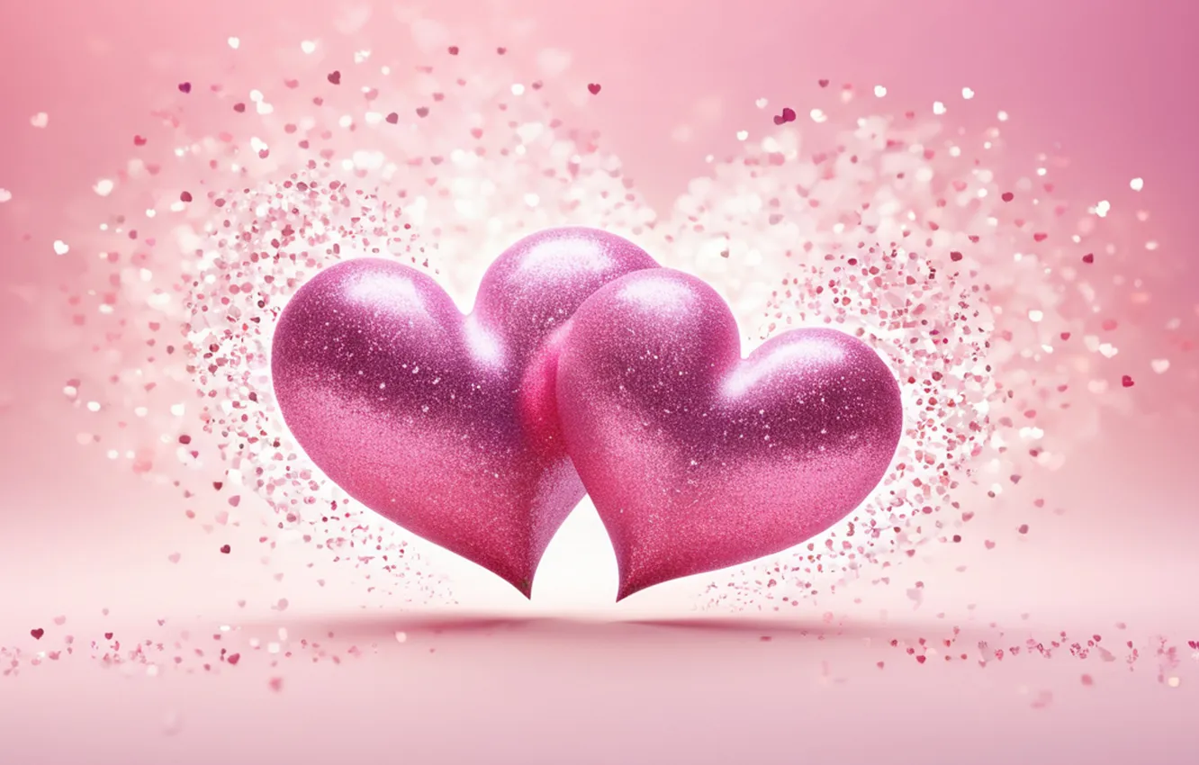 Photo wallpaper love, heart, Shine, hearts, pink, pink background, Valentine's day, two hearts