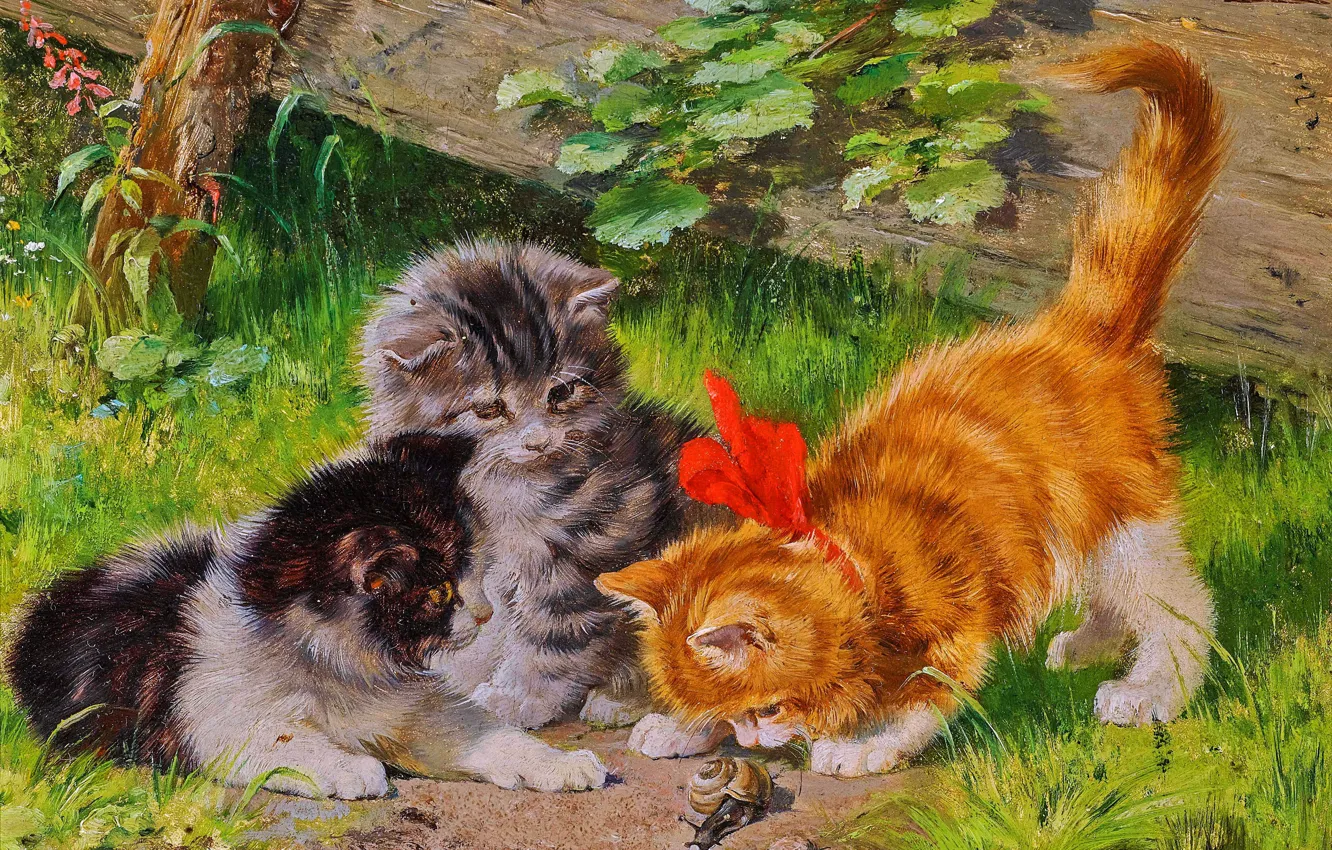 Photo wallpaper picture, kitty, three, Julius Adam, German painter, Julius Adam, Julius Anton Adam, Julius Anton Adam