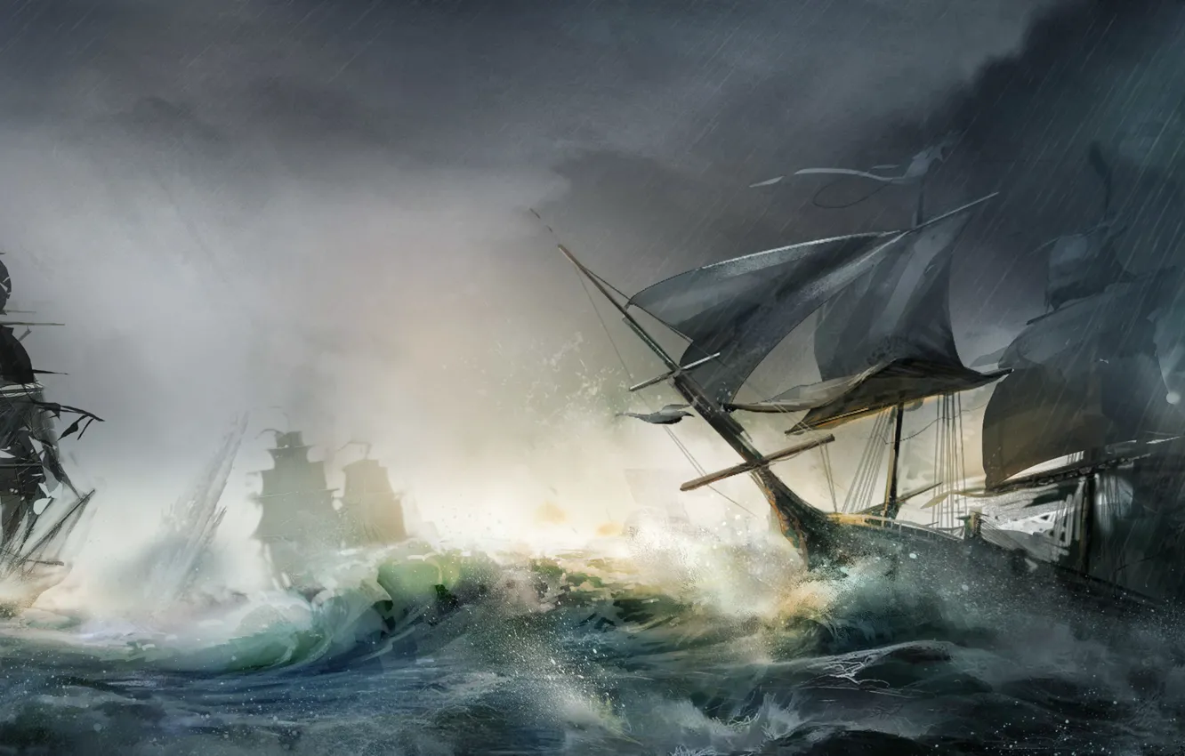 Photo wallpaper storm, wood, sailboats, naval battles