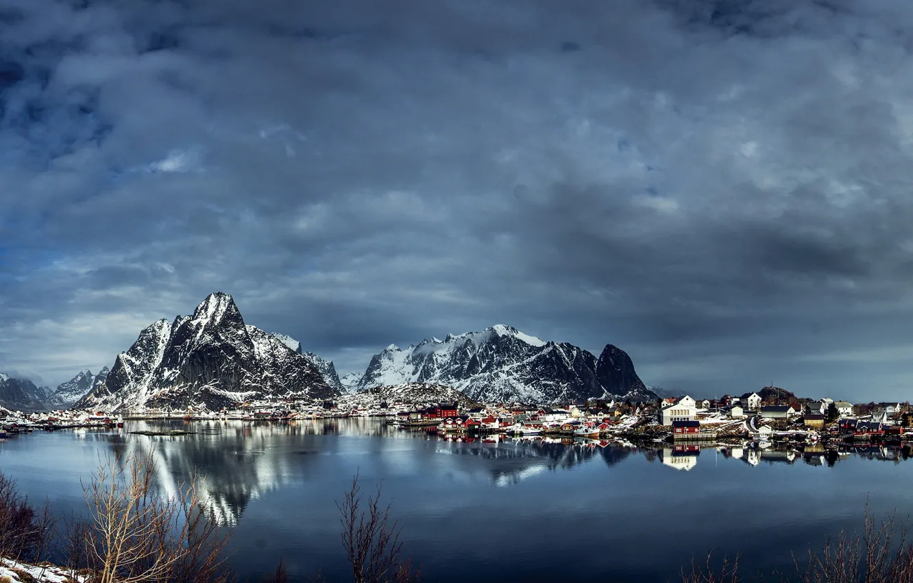 Photo wallpaper winter, clouds, snow, mountains, Norway, Bay, house, The Lofoten Islands