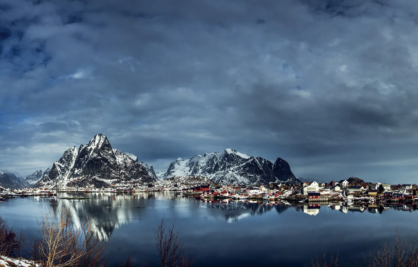 Photo wallpaper winter, clouds, snow, mountains, Norway, Bay, houses, The Lofoten Islands
