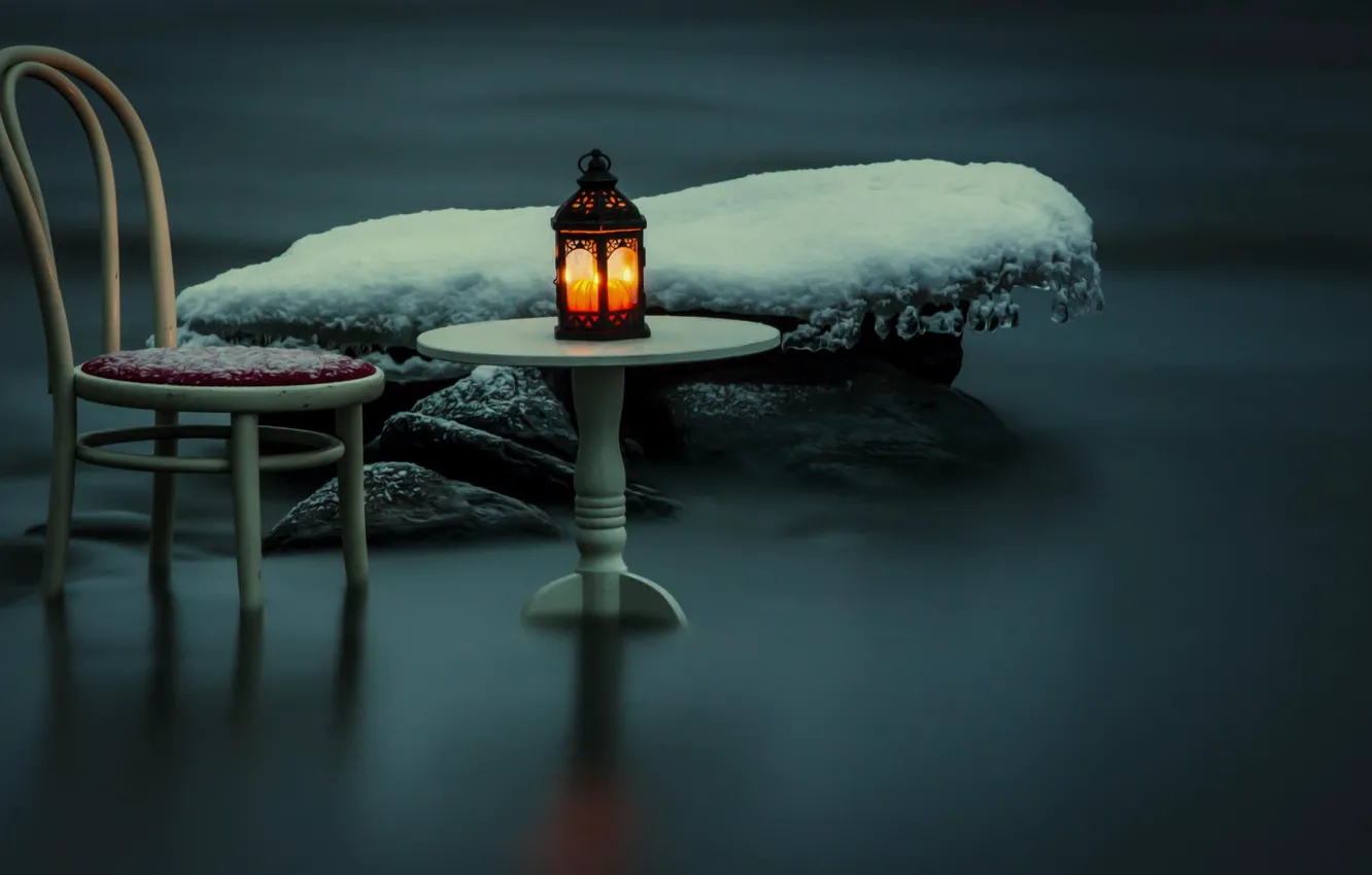 Photo wallpaper snow, night, river, chair, lantern