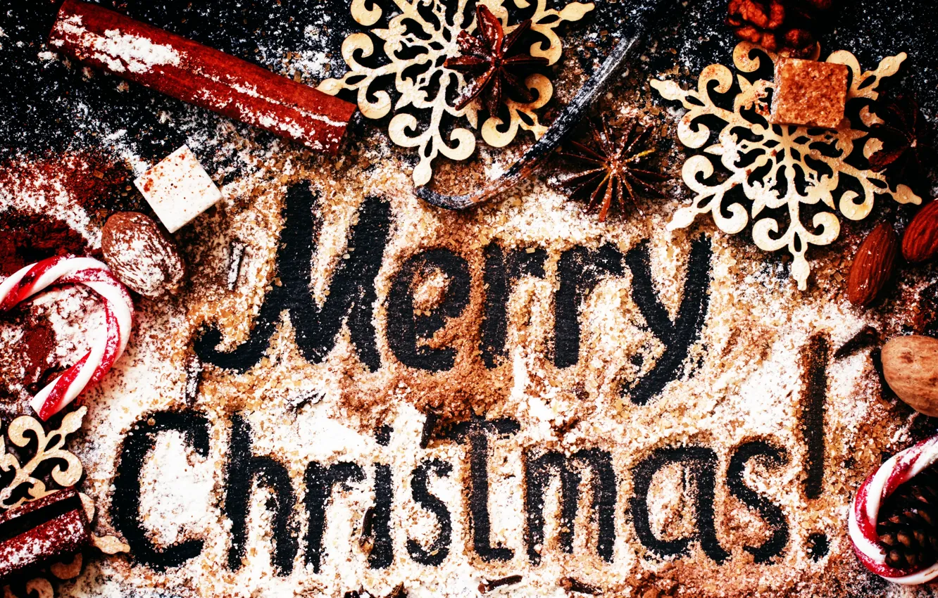 Photo wallpaper decoration, New Year, Christmas, sugar, nuts, cinnamon, Christmas, wood
