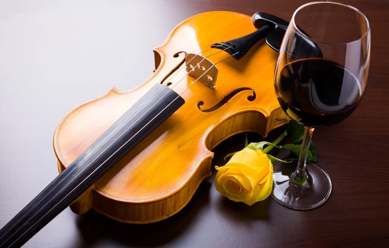 Photo wallpaper flower, wine, violin, glass, rose, yellow