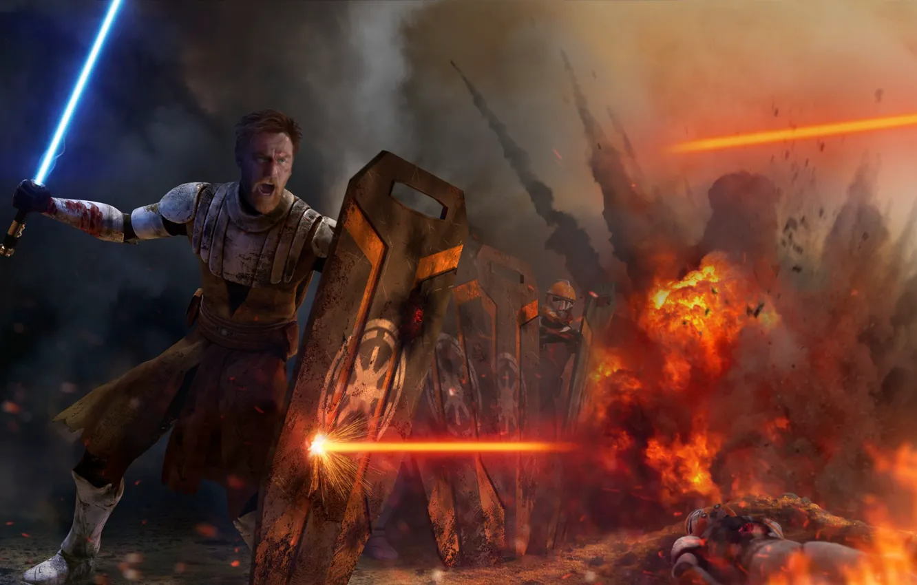 Photo wallpaper Star Wars, Obi-Wan Kenobi, war, fight, jedi, shield, light saber, Peacekeeper
