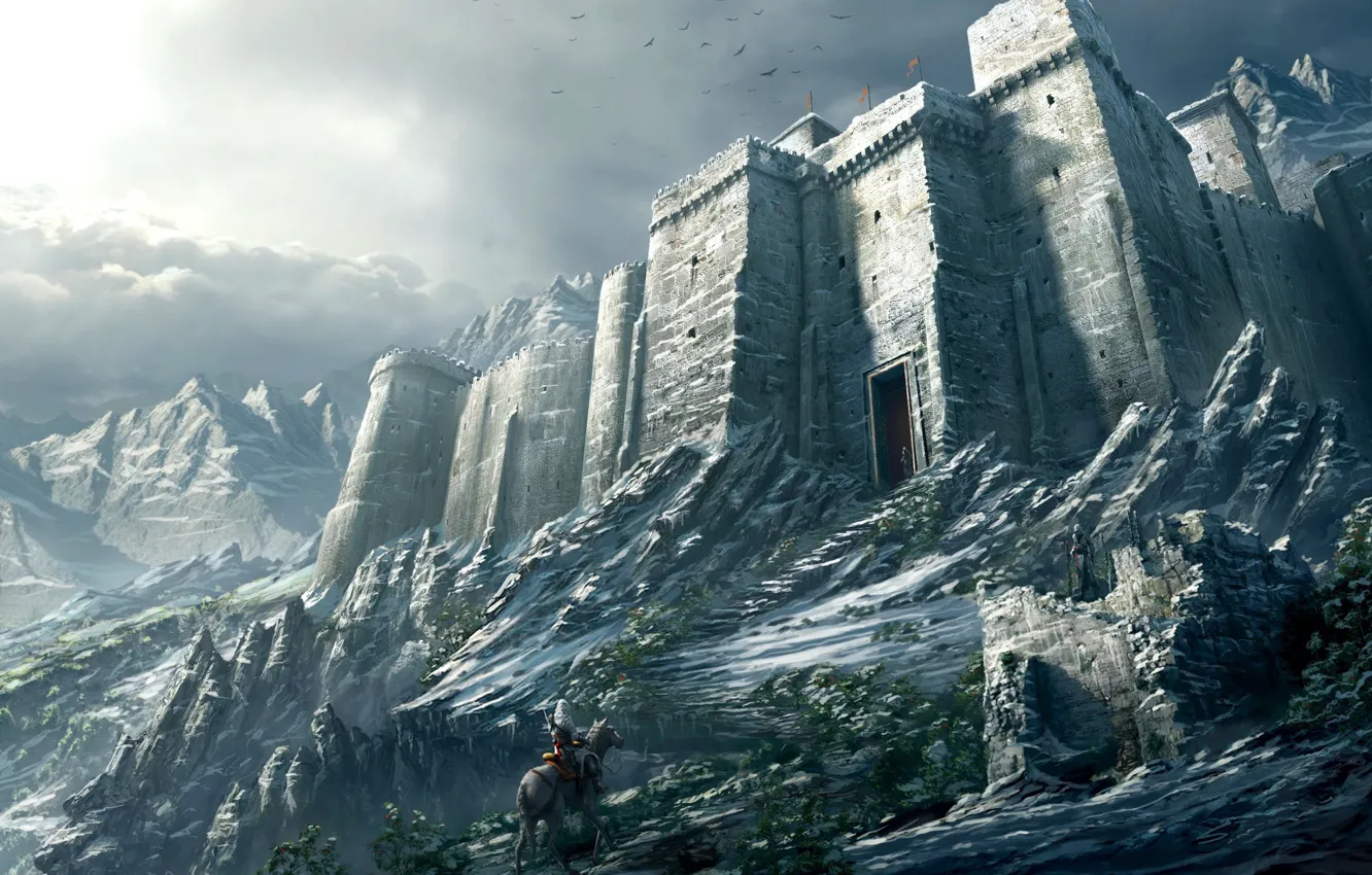 Photo wallpaper snow, mountains, Castle, warrior