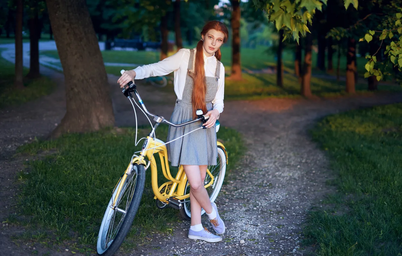 Photo wallpaper girl, bike, Park, redhead, Dasha