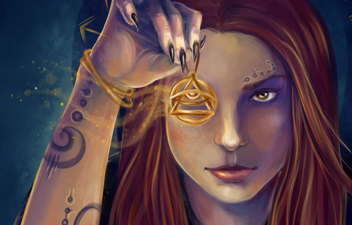 Photo wallpaper eyes, look, girl, face, hair, hands, tattoo, nails