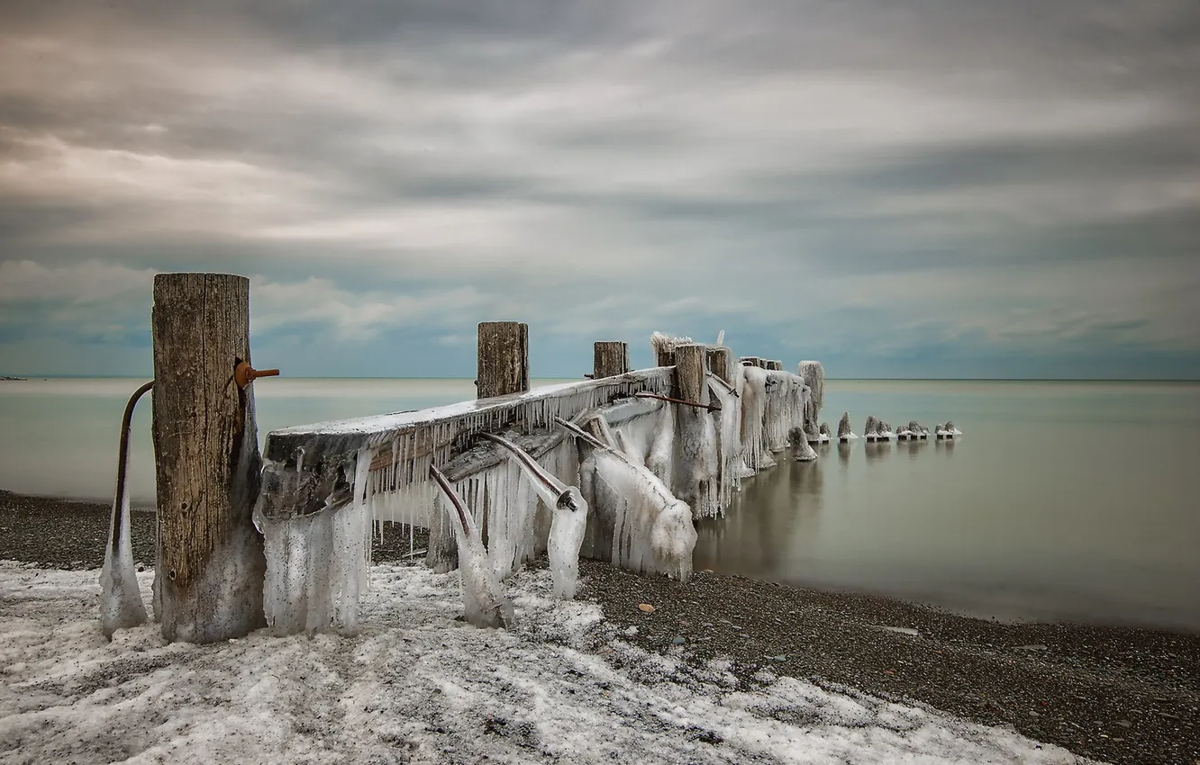 Photo wallpaper winter, sea, bridge, ice