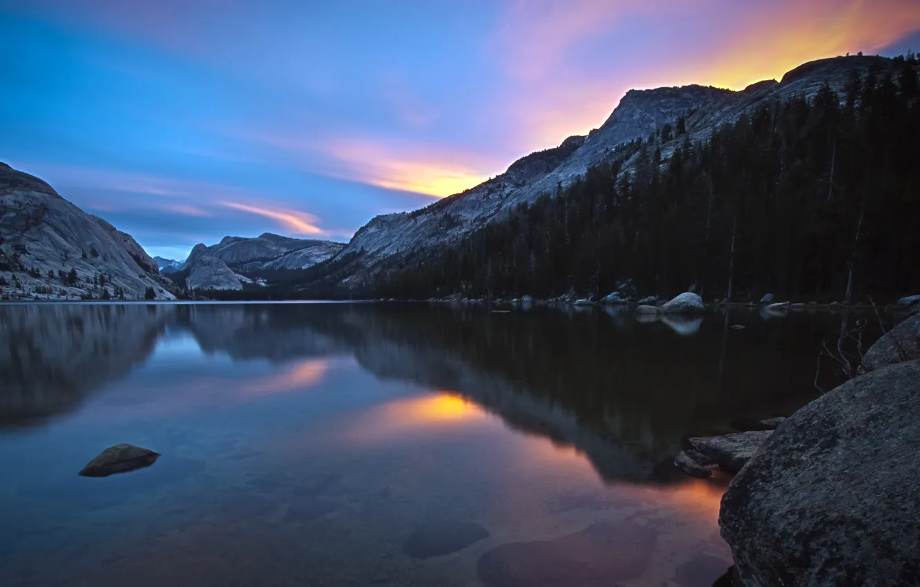 Photo wallpaper mountains, dawn, California, Tenaya Lake
