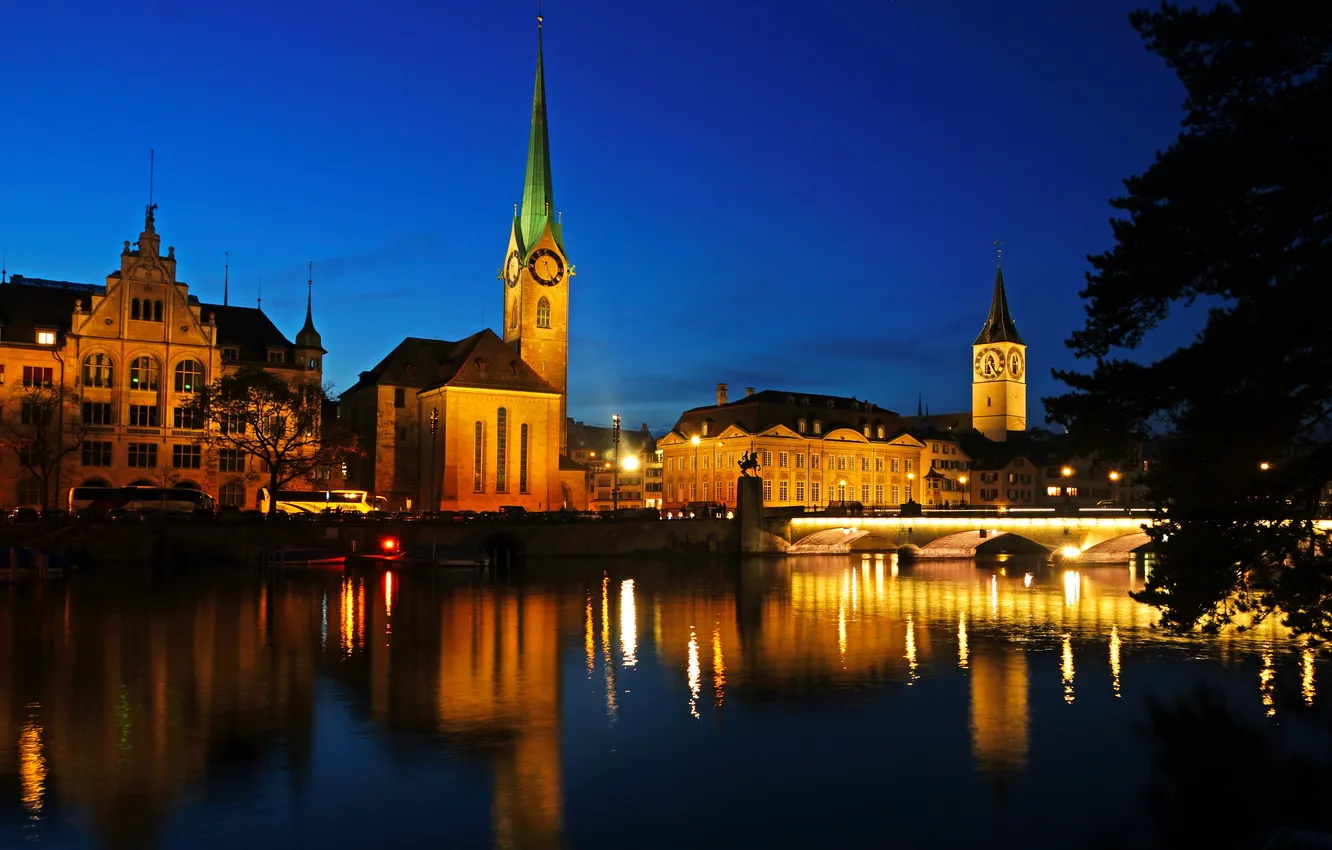 Photo wallpaper night, river, tower, home, Switzerland, architecture, Switzerland, night