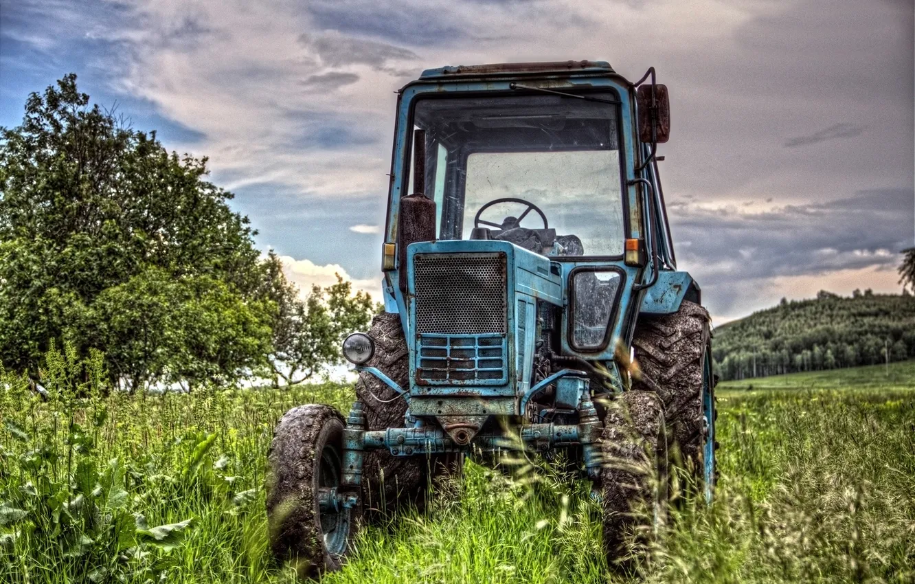 Photo wallpaper greens, field, forest, grass, green, vegetation, tractor
