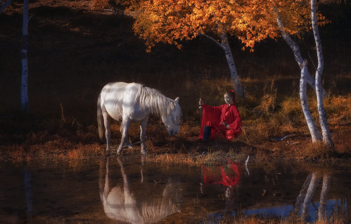 Photo wallpaper autumn, girl, horse, sword