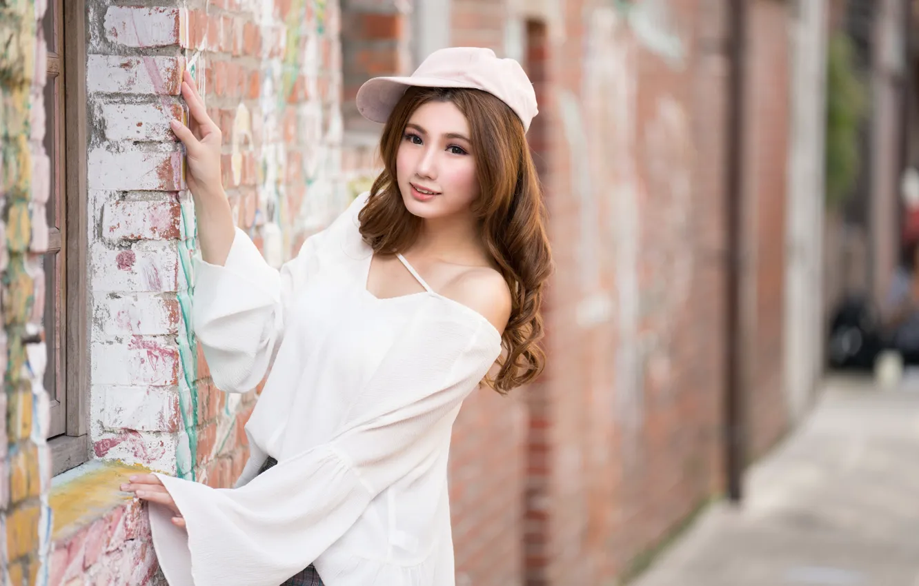Photo wallpaper girl, cap, Asian, cutie, bokeh