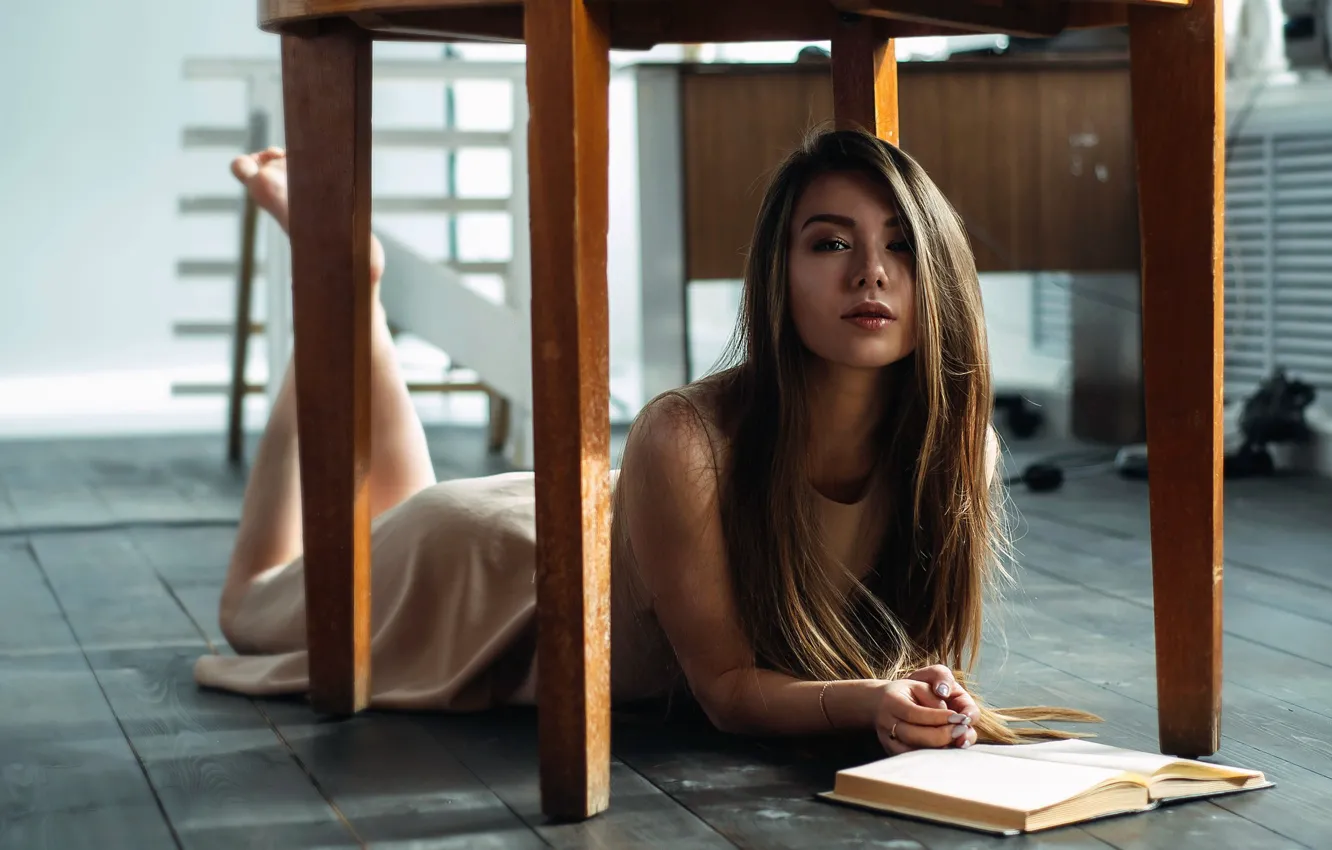 Photo wallpaper girl, dress, lies, book, shoulders, table, Sasha Rusko