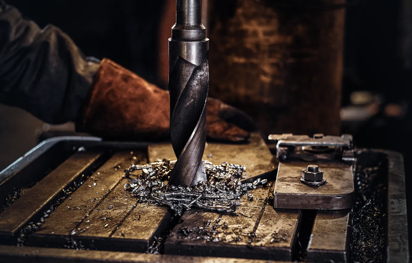 Photo wallpaper metal, hole, gloves, bit, drill
