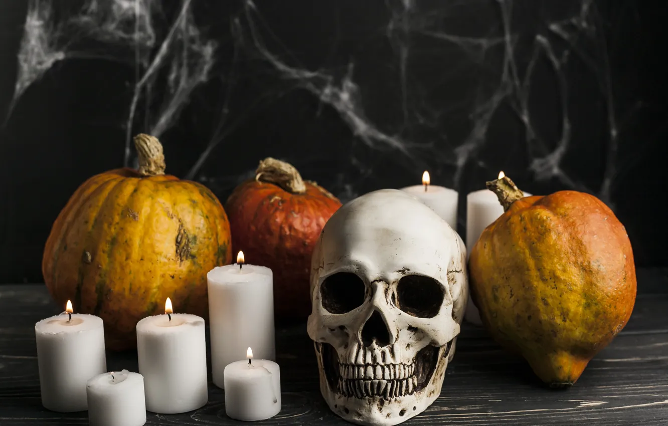 Photo wallpaper skull, web, candles, pumpkin, Halloween, Halloween, vegetables, October
