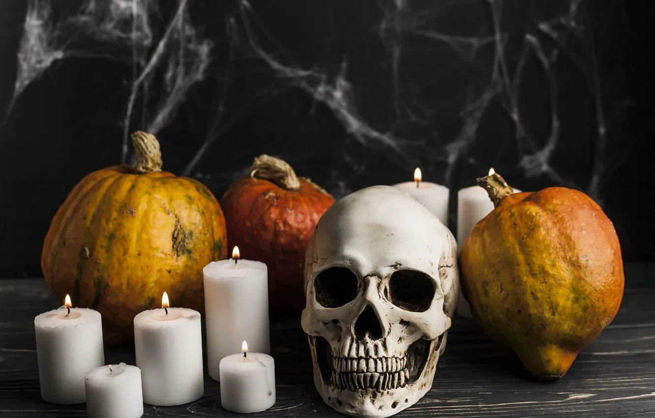 Photo wallpaper skull, web, candles, Halloween, pumpkin, Halloween, vegetables, October