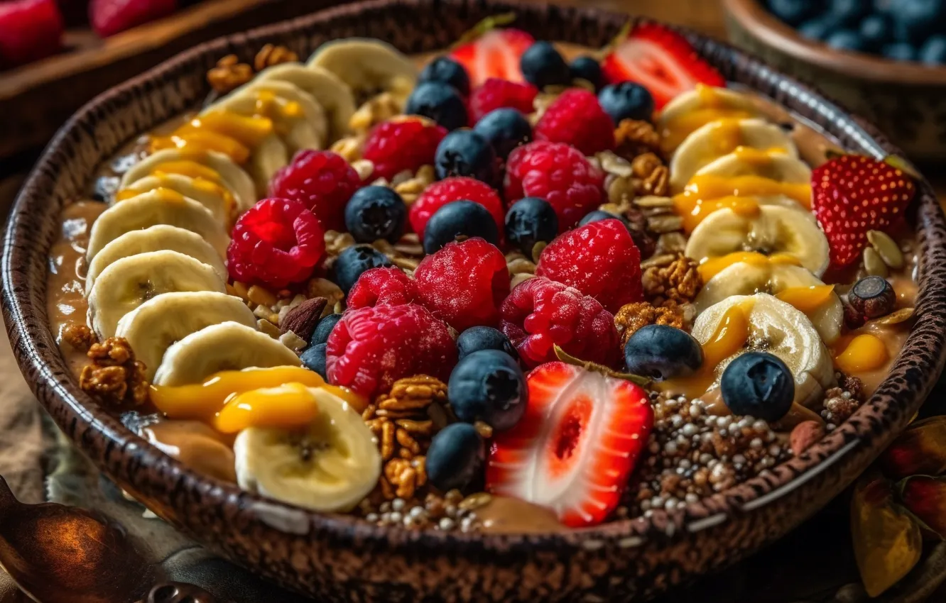 Photo wallpaper berries, raspberry, food, Breakfast, blueberries, strawberry, bananas, bowl