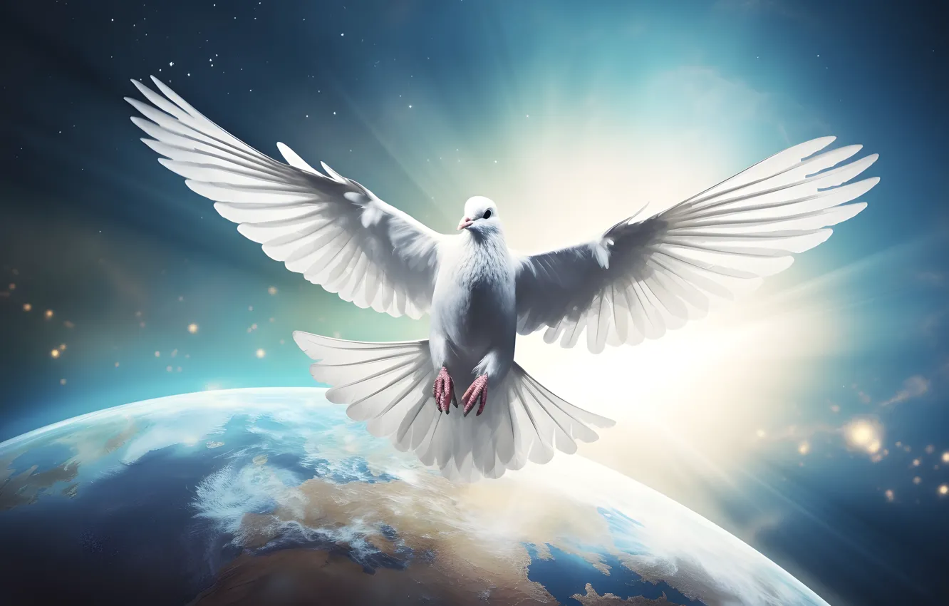 Photo wallpaper white, space, light, flight, earth, bird, planet, pigeons
