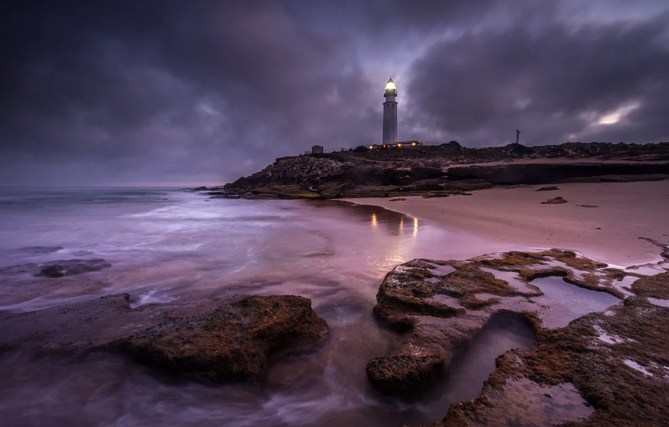 Photo wallpaper sea, stones, lighthouse, twilight