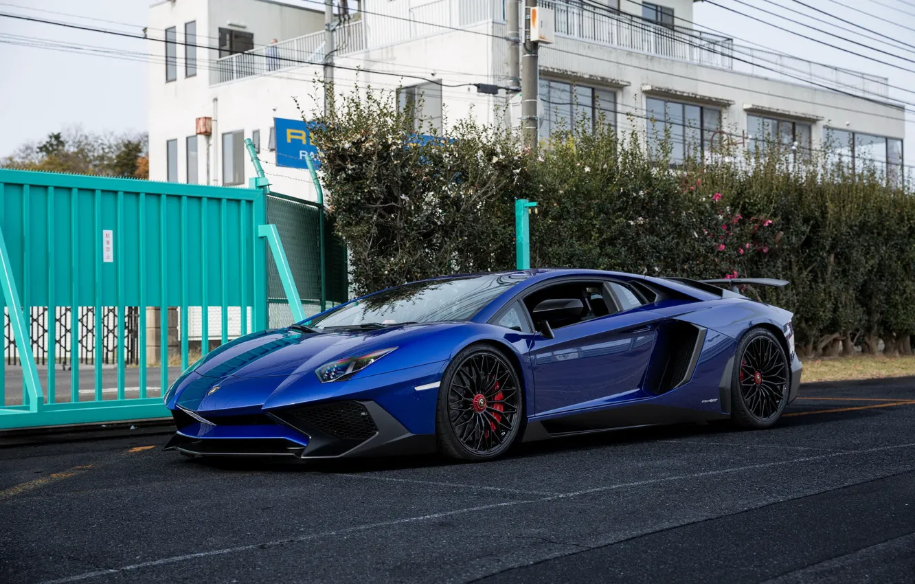 Photo wallpaper Lamborghini, Blue, Street, Aventador, Superveloce, LP-750