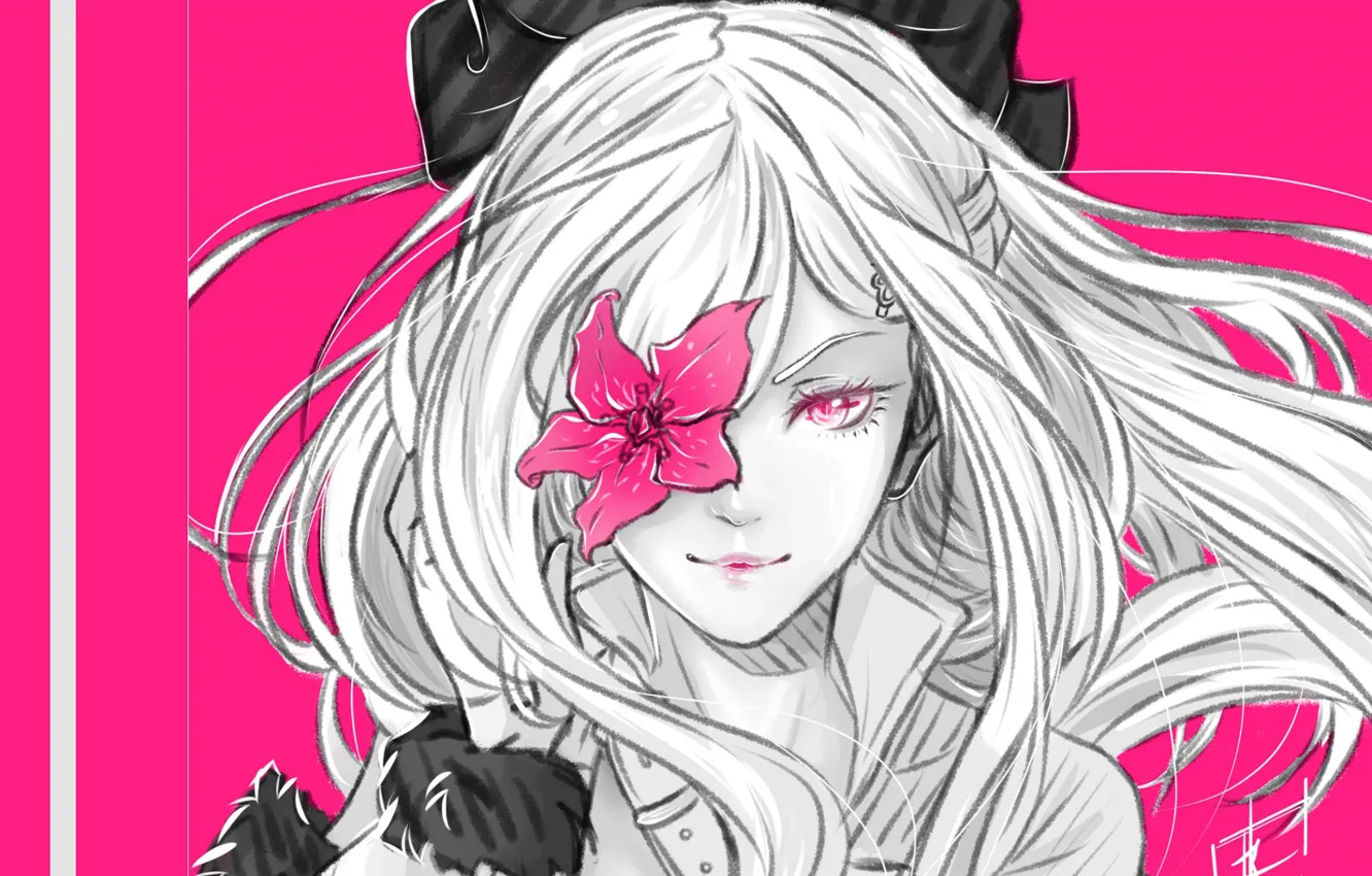 Photo wallpaper flower, figure, pink background, long white hair, the girl's face