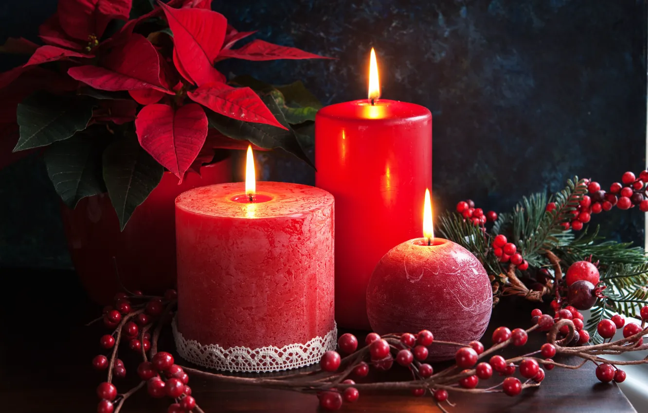 Photo wallpaper leaves, fire, holiday, plant, candles, Christmas, red, New year