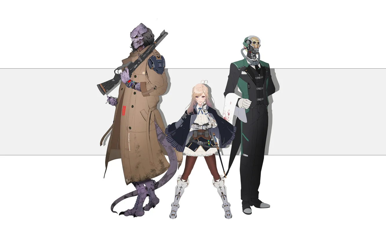 Photo wallpaper girl, style, robot, monster, minimalism, art, girl, the gun