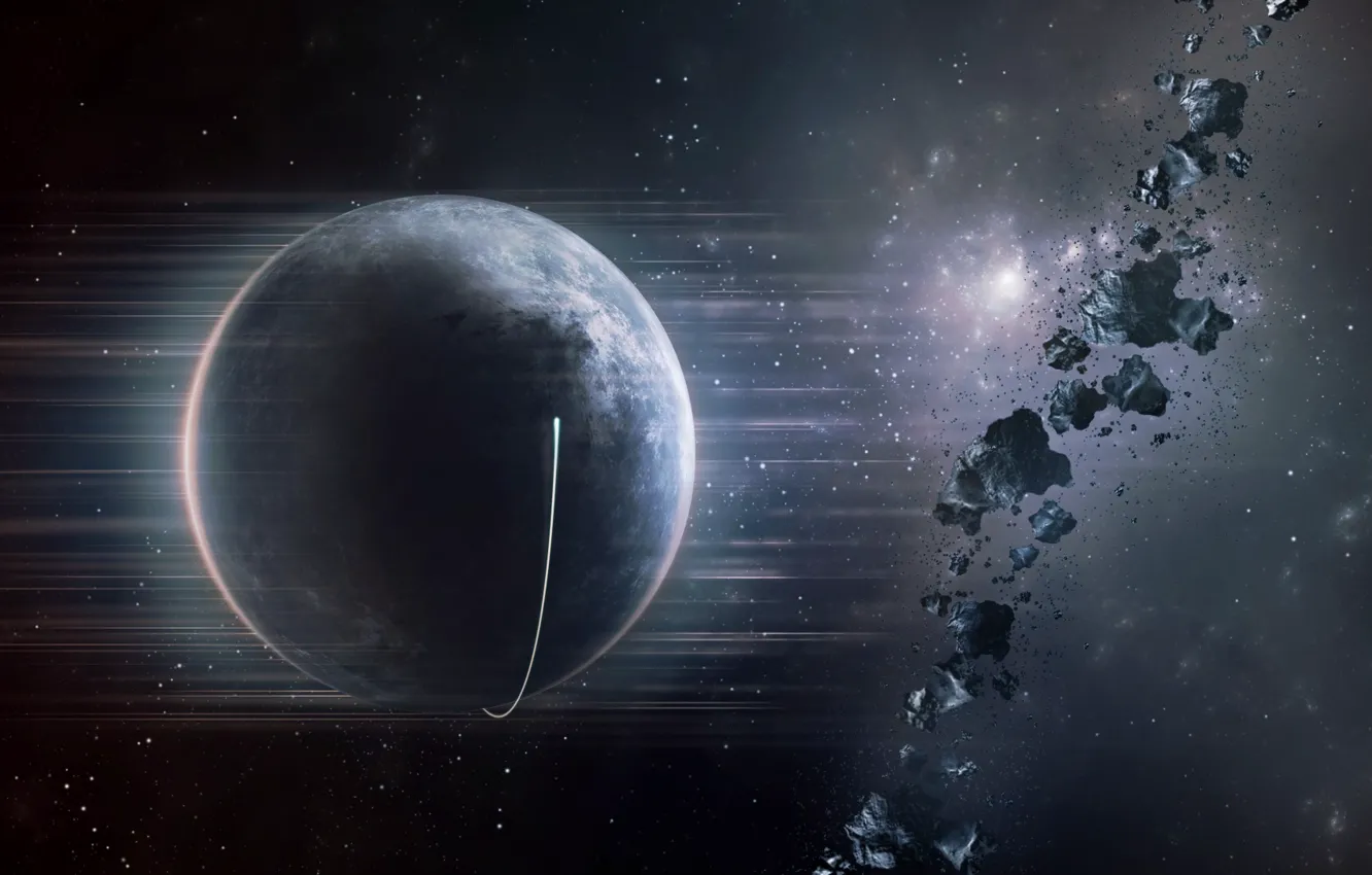 Photo wallpaper stars, planet, asteroids, spaceship