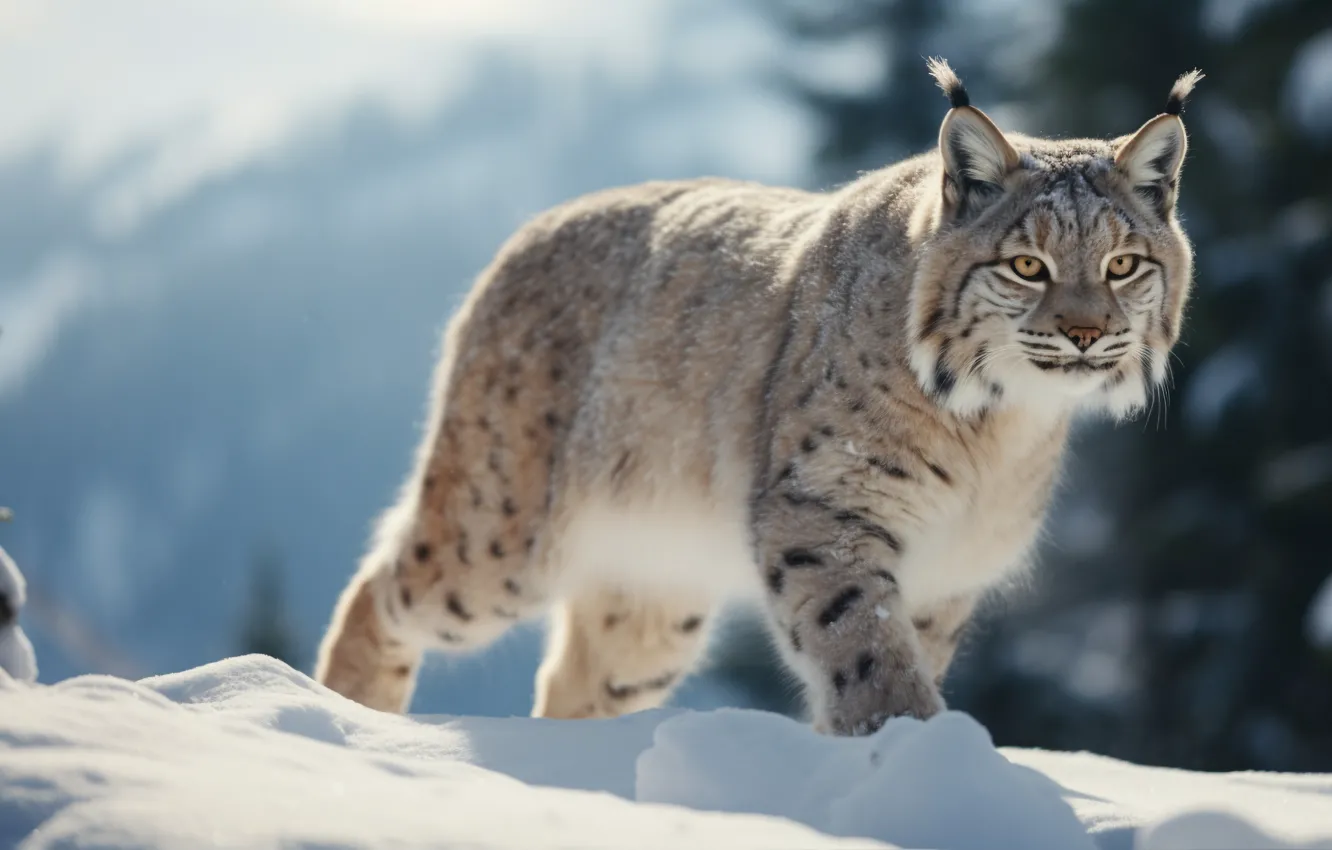Photo wallpaper winter, look, snow, nature, pose, lynx, face, AI art