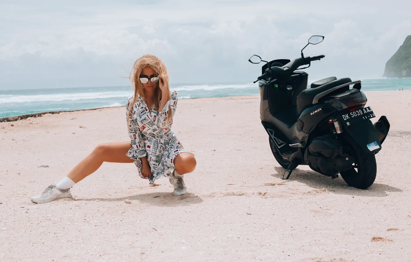 Photo wallpaper beach, girl, pose, the ocean, dress, glasses, scooter, scooter