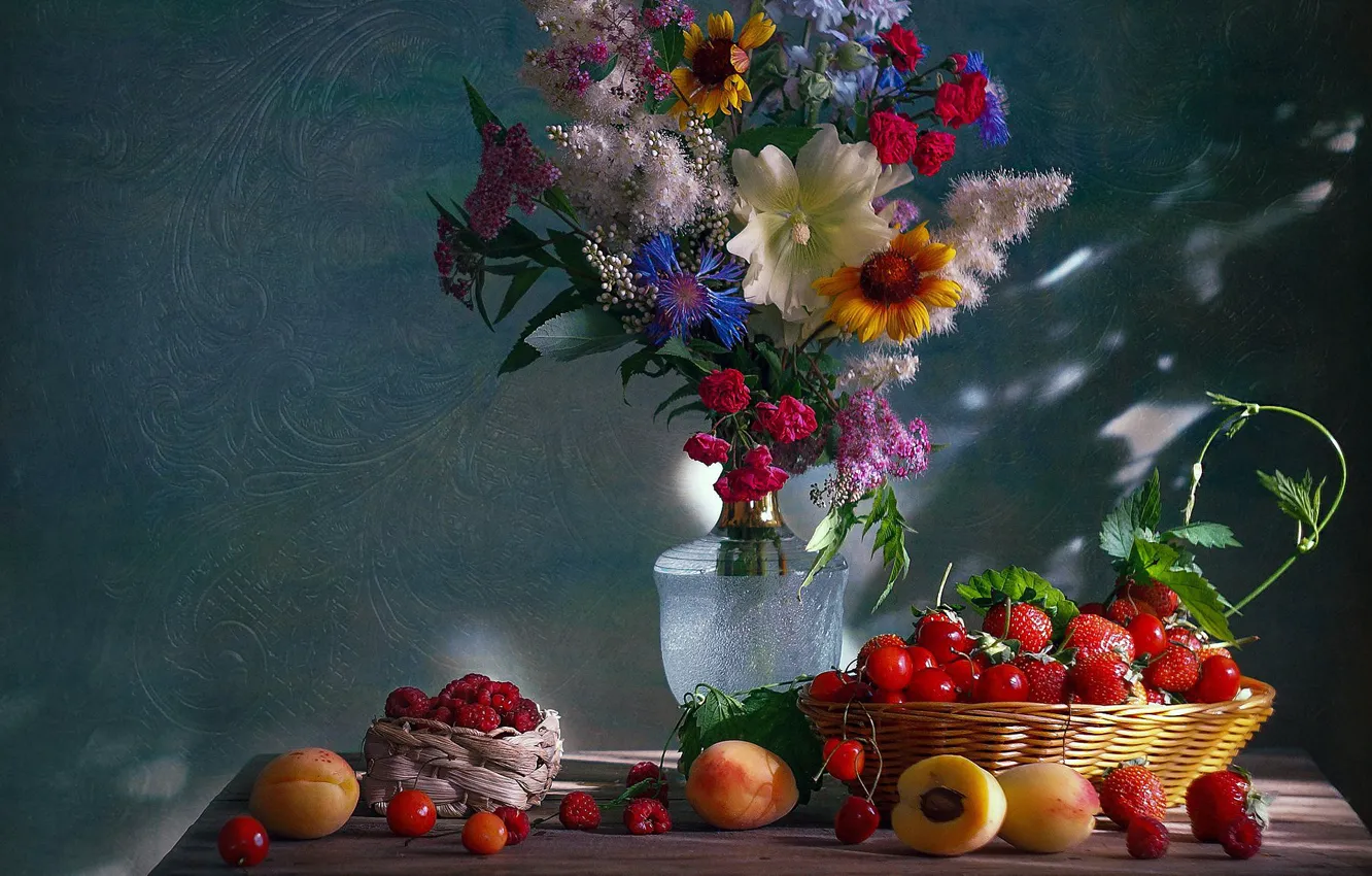 Photo wallpaper flowers, cherry, berries, raspberry, background, bouquet, strawberry, still life
