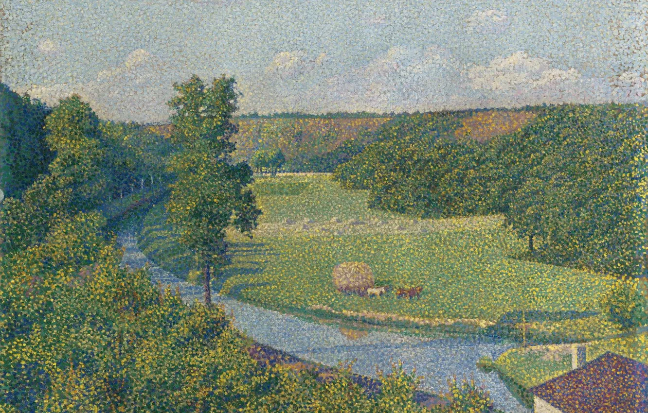 Photo wallpaper landscape, river, picture, 1890, pointillism, Theo van Rysselberghe, Theo van Reysselberge, Valley Zambry
