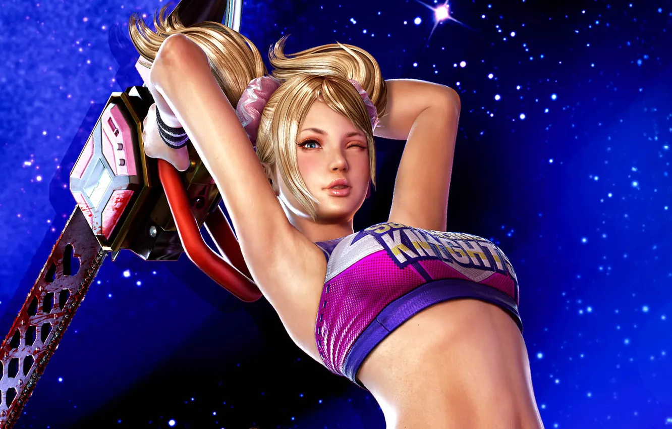 Photo wallpaper boobs, blonde, artwork, belly, Lollipop Chainsaw, arms up, video game girls, big boobs
