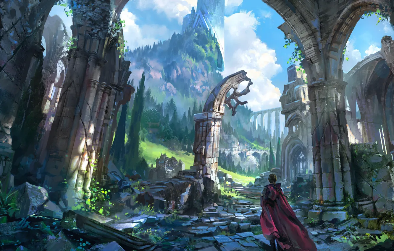 Photo wallpaper girl, fantasy, sky, mountains, clouds, ruins, castle, digital art