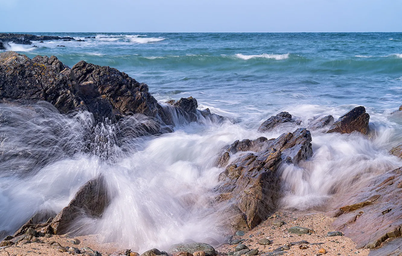 Photo wallpaper sea, wave, stones, rocks, coast, Wales, Wales, Anglesey County