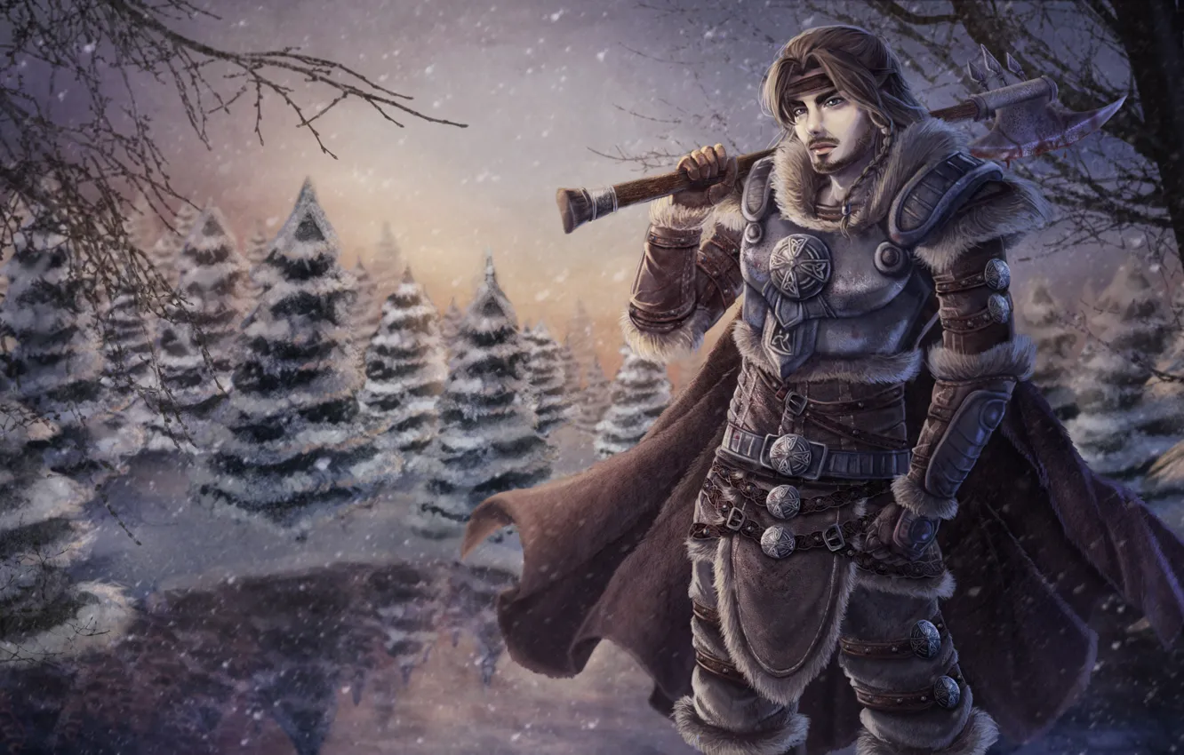 Photo wallpaper snow, trees, warrior, art, armor, guy, axe, cloak