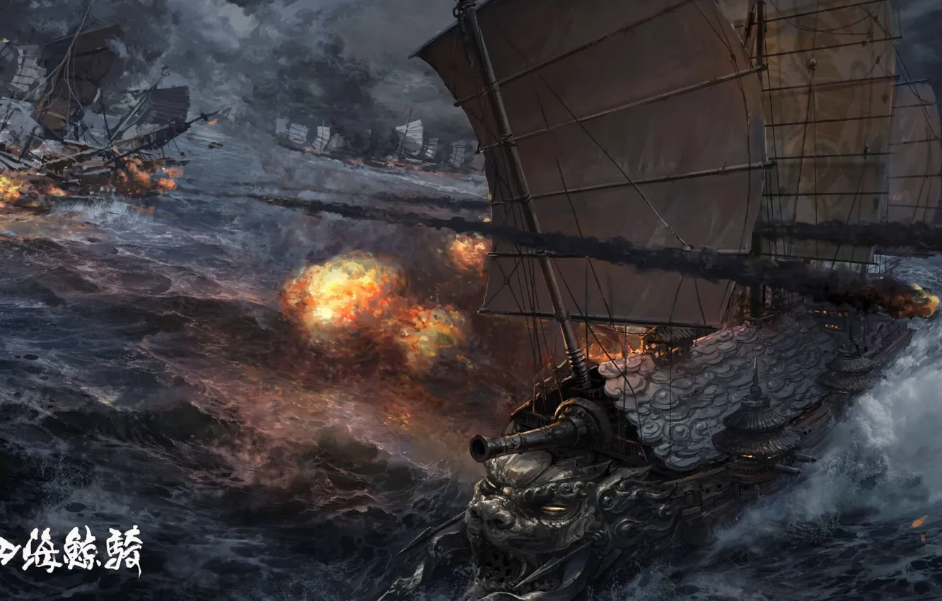 Photo wallpaper wave, ship, sail, the battle, asset