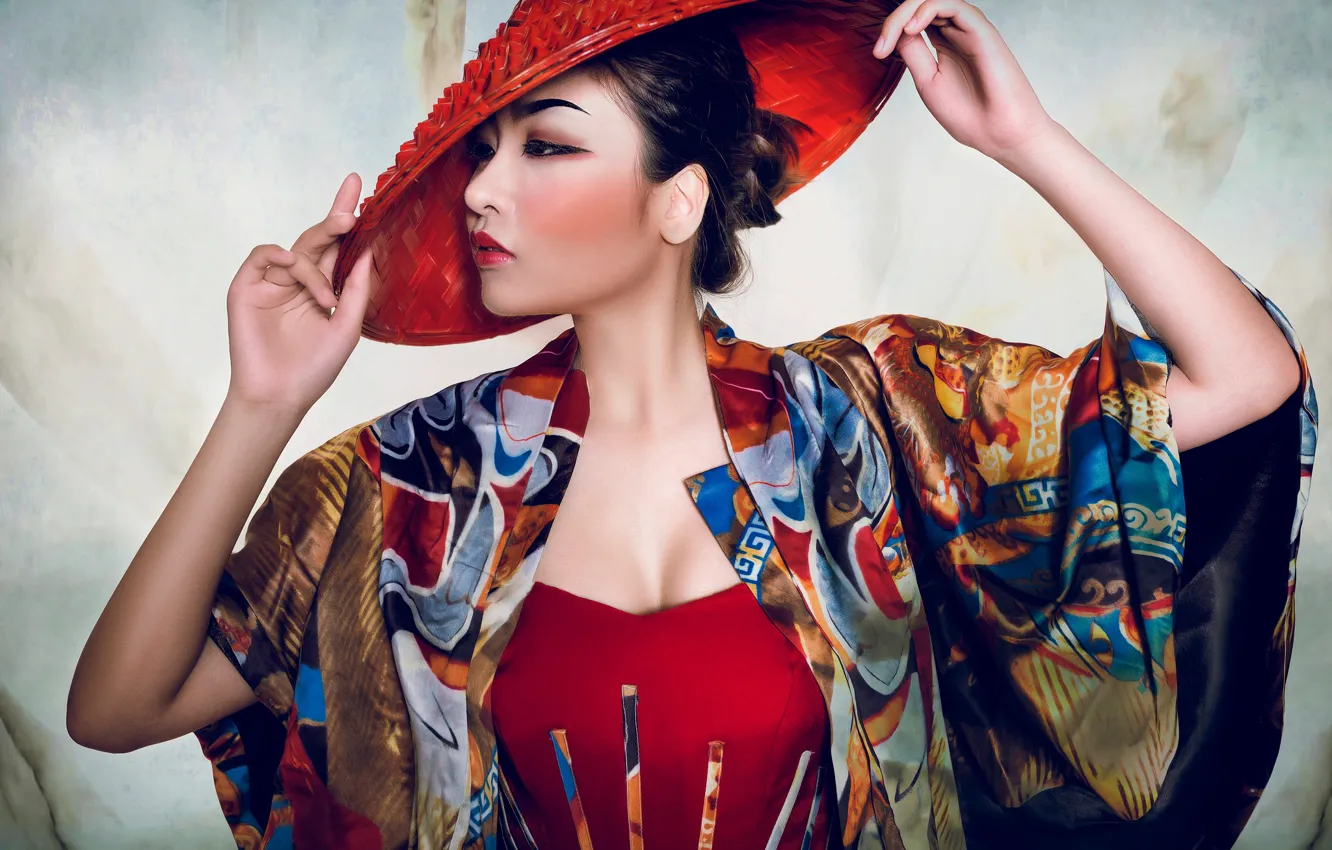 Photo wallpaper pose, style, model, hat, hands, makeup, Asian