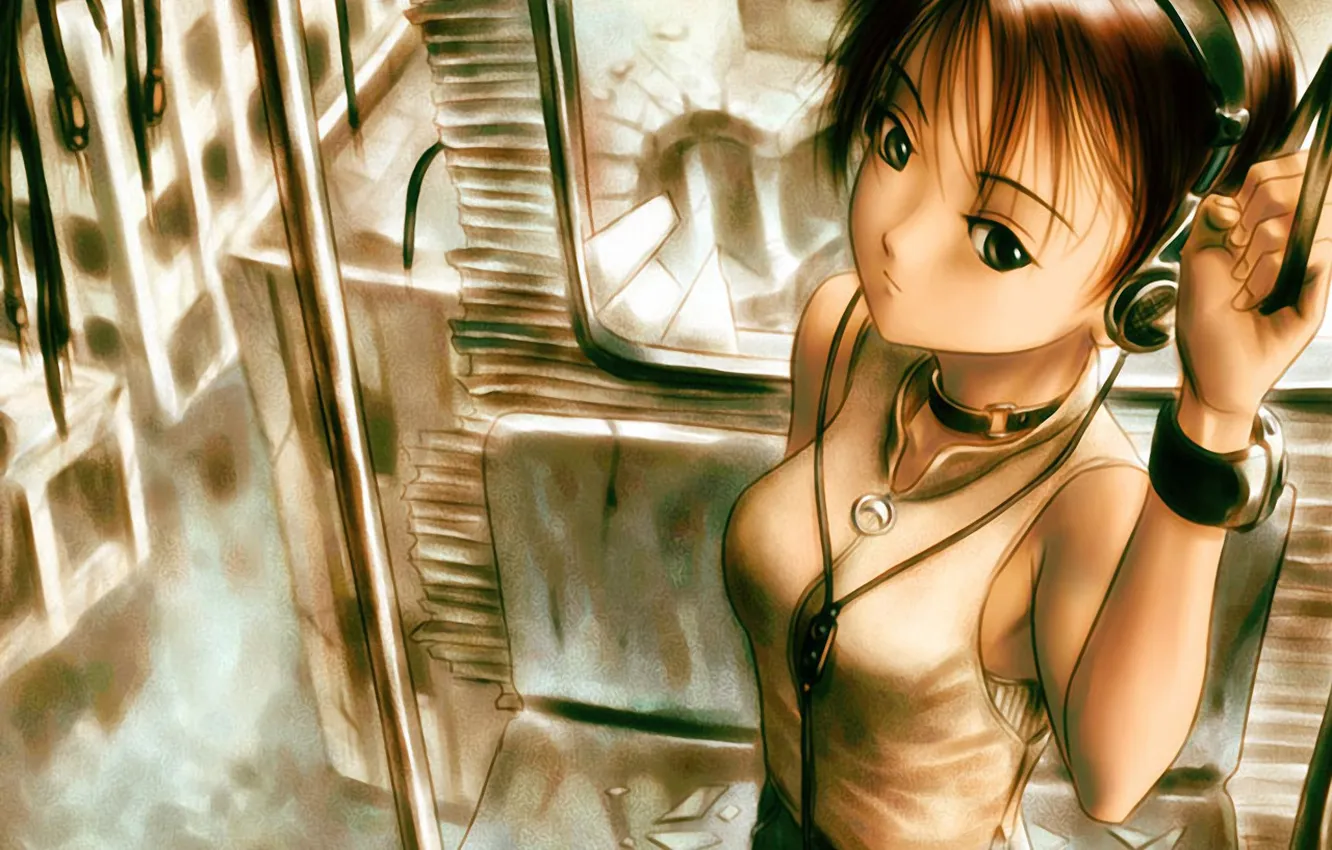 Photo wallpaper anime, headphones, girl, the ruins, lift