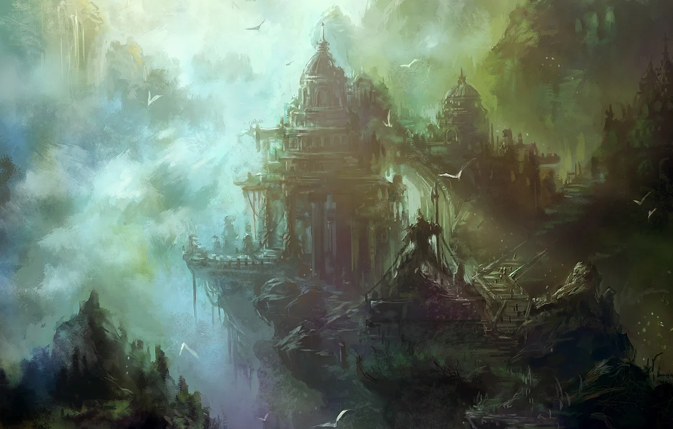 Photo wallpaper clouds, landscape, mountains, the city, fog, art, zyxlx