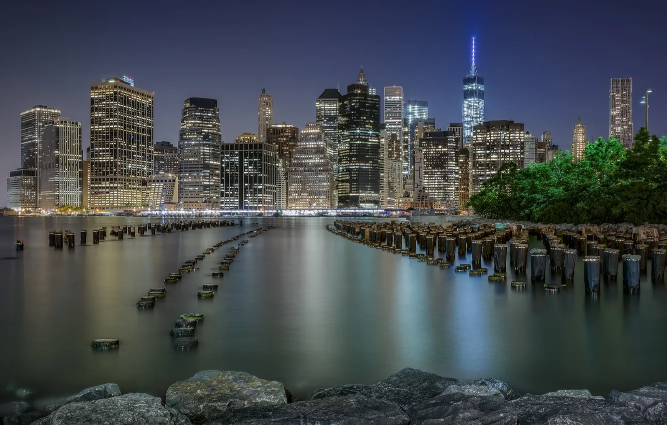 Photo wallpaper night, the city, building, home, New York, skyscrapers, USA, Lower Manhattan