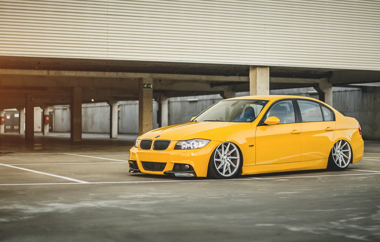 Photo wallpaper BMW, BMW, Parking, yellow, yellow, suspension, 3 series, E90