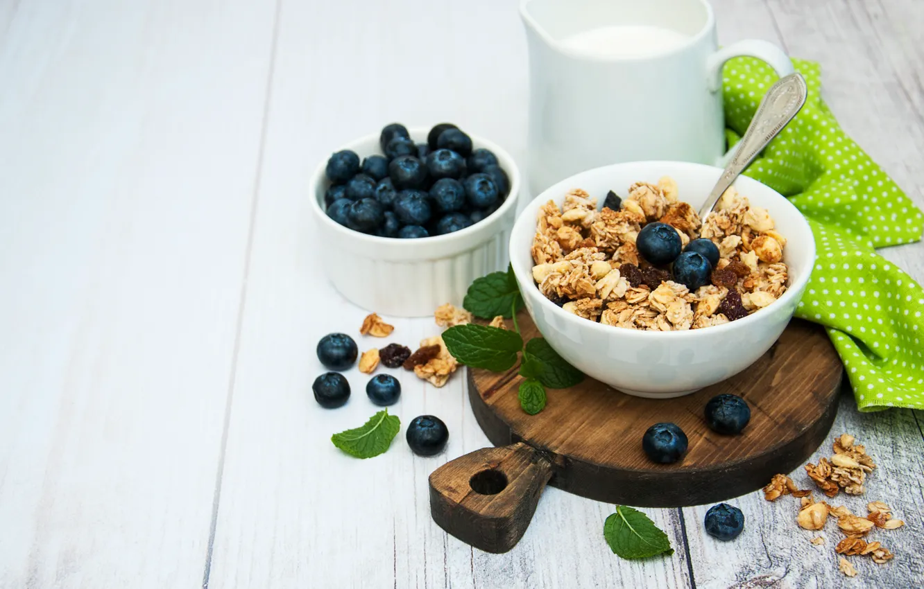 Photo wallpaper muesli, blueberries, yogurt, berries, Breakfast, bowl, • Olena Rudo