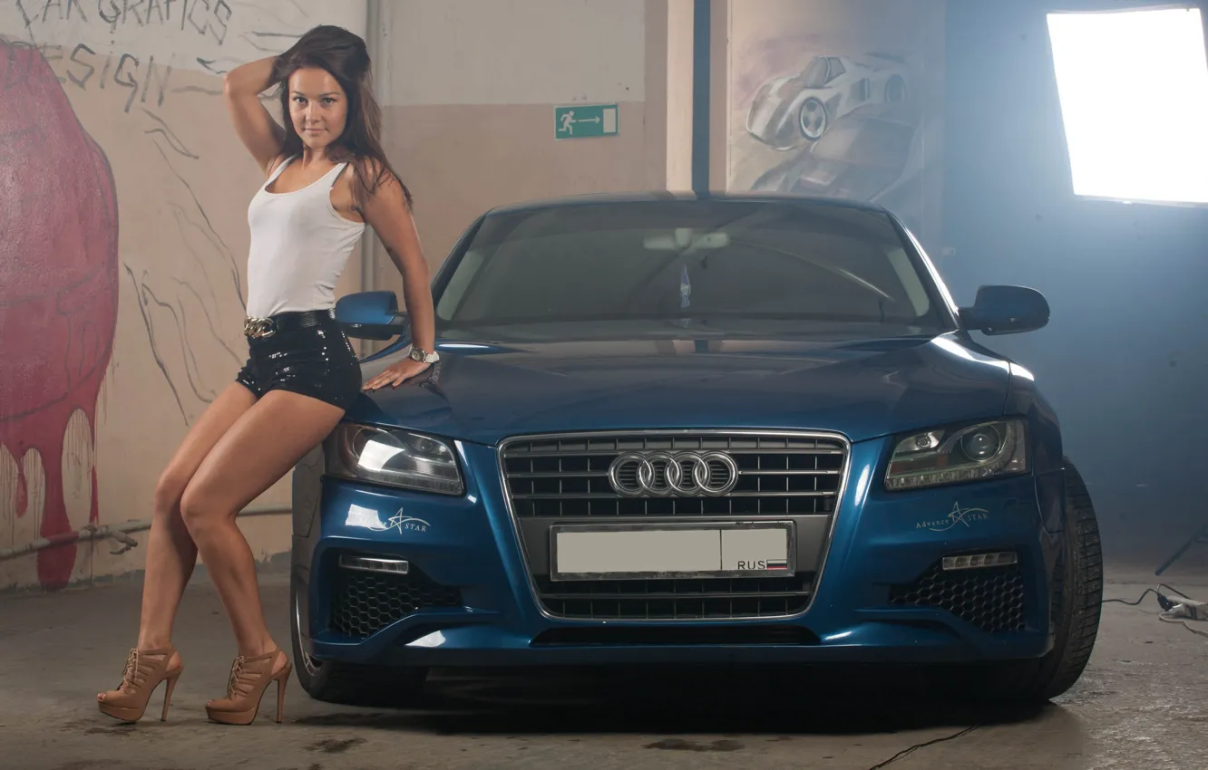 Photo wallpaper auto, look, Audi, Girls, garage, beautiful girl, posing on the car